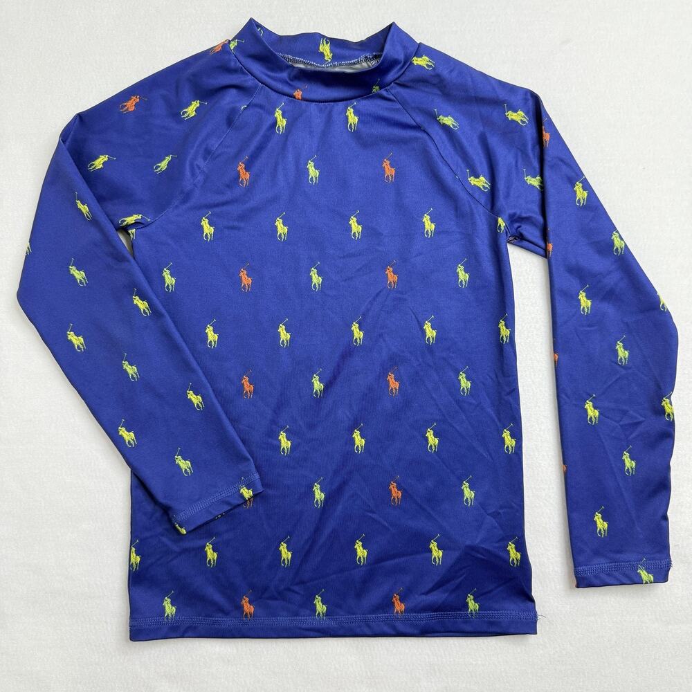 Polo Ralph Lauren Rash Guard Boys 7 Blue Long Sleeve Pony Print Logo Swim Shirt
